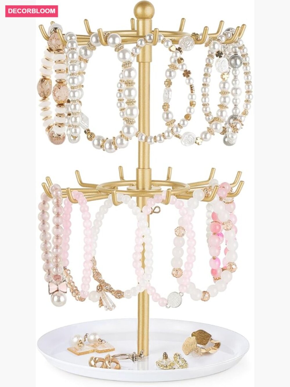 Gold Rotating Bracelet Display Stand 2 Tier Jewelry Organizer 24 Hooks